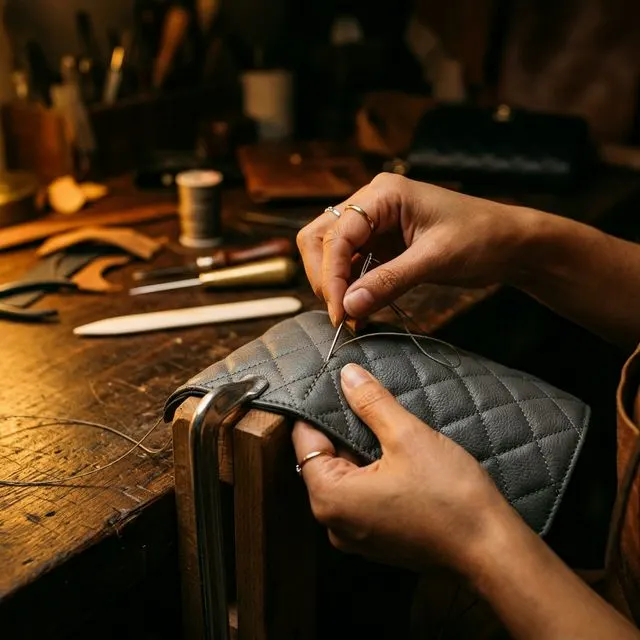 Artisan hand-finishing a Kairo vegan leather bag